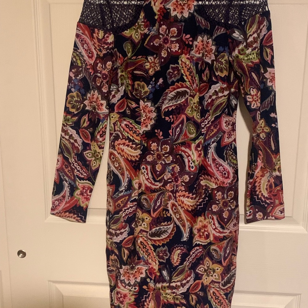 Nicole Miller multicolor paisley scuba dress with sleeves, netted top, NWOT